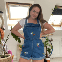 hand embroidered strawberry overalls/dungaree shorts