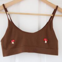 brown bralette with 2 hand embroidered red mushrooms