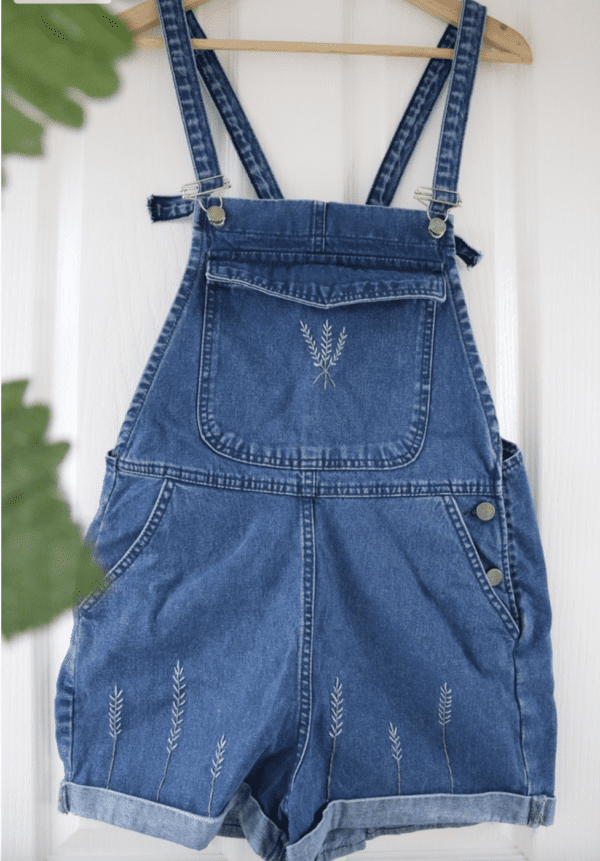 hand embroidered lavender on short overalls/dungaree shorts