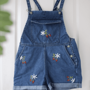 blue denim overalls hand embroidered with strawberries and flowers