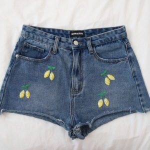blue denim shorts hand embroidered with 4 sets of lemons