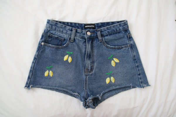 blue denim shorts hand embroidered with 4 sets of lemons