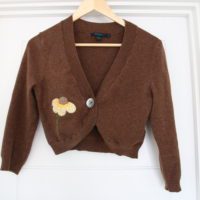 brown cropped cardigan with hand embroidered flower