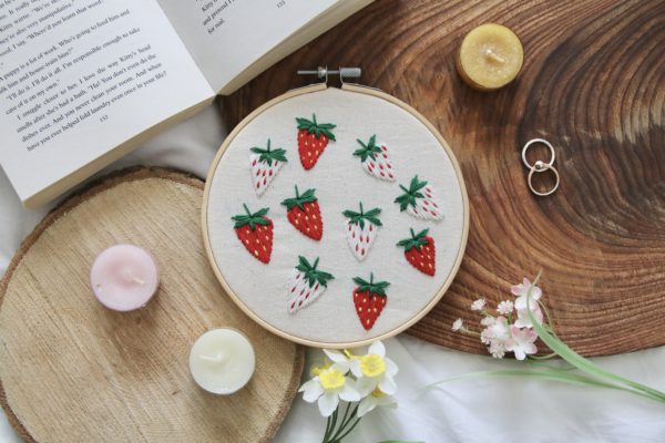 Overview of the strawberry fields embroidery hoop