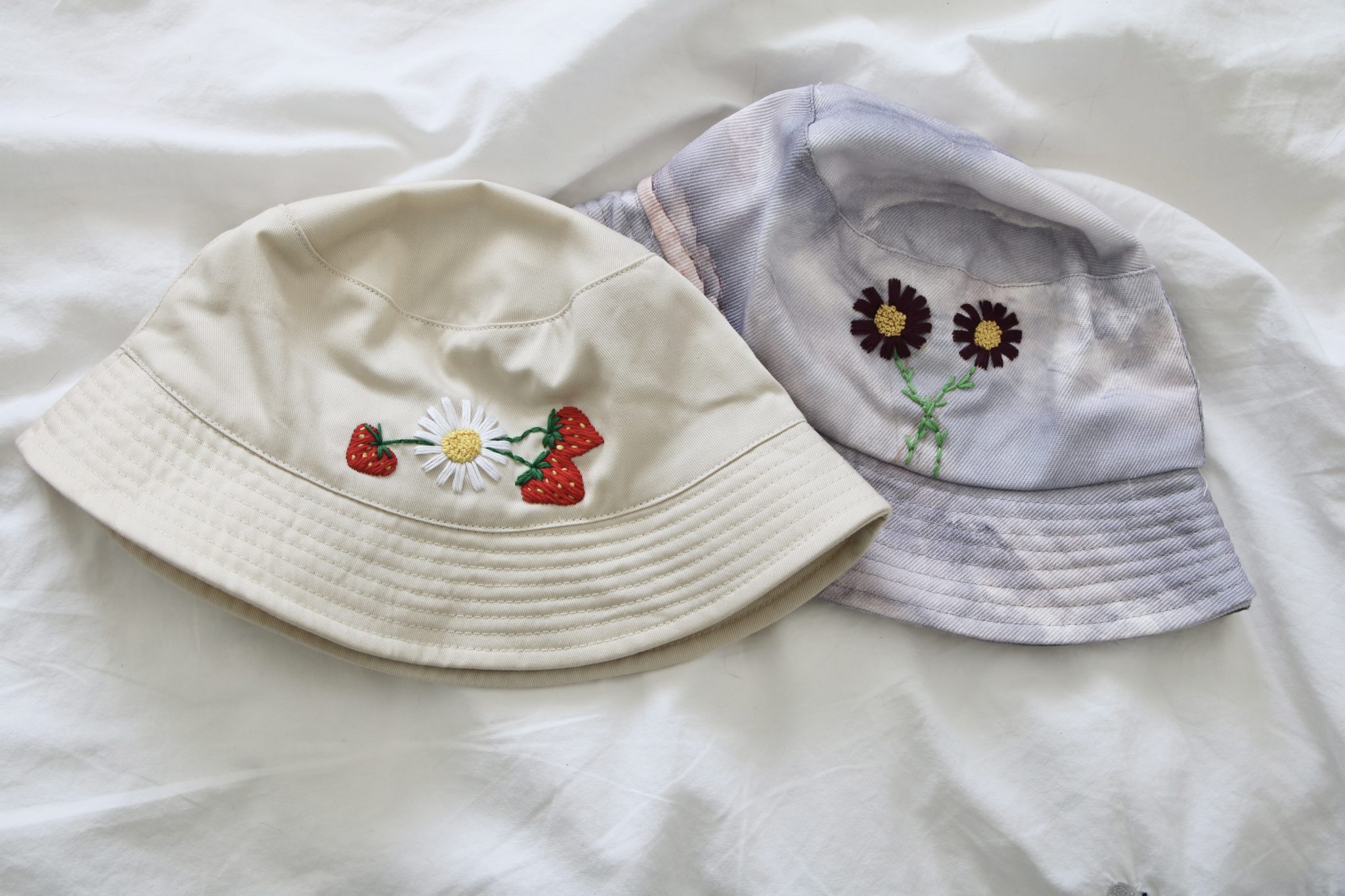 Strawberry Picnic Bucket Hat - Hand Embroidered Cream Bucket Hat