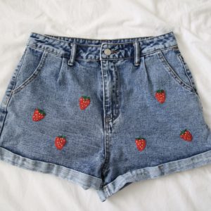 blue denim shorts hand embroidered with 6 red strawberries