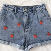 blue denim shorts hand embroidered with 6 red strawberries