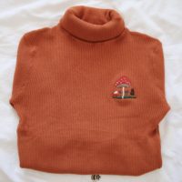 an orange turtle neck jumper hand embroidered with an array of mushrooms