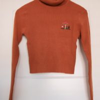 an orange cropped turtle-neck jumper, hand embroidered with mushrooms
