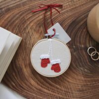 3 inch embroidery hoop hand embroidered with red and white mittens