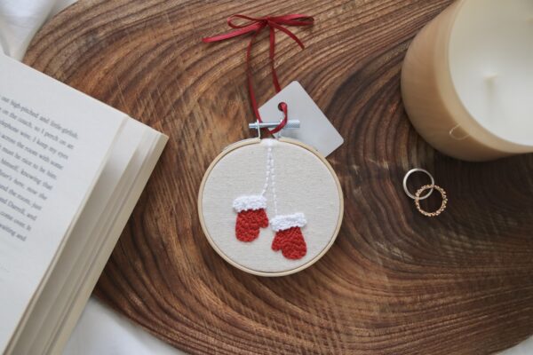 3 inch embroidery hoop hand embroidered with red and white mittens