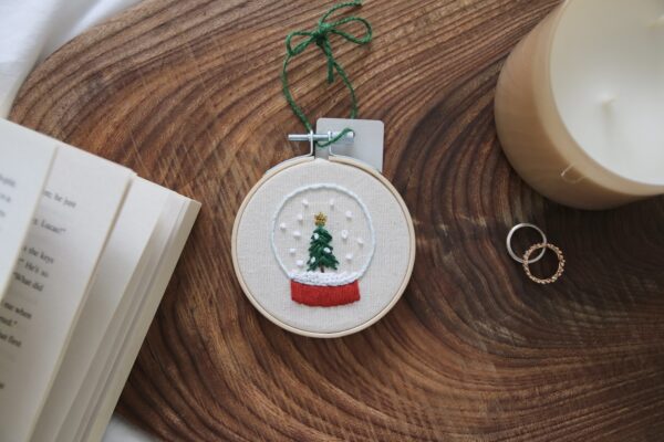 Christmas tree decoration hand embroidered with a snow globe and Christmas tree