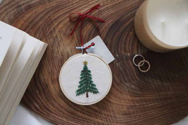 Christmas tree decoration hand embroidered with a Christmas tree and gold star