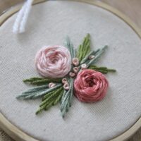 hand embroidered pink roses with green leaves, a perfect valentines gift