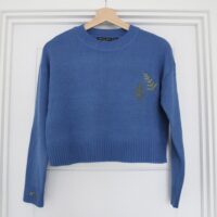 blue knit jumper hand embroidered with 2 shades of green fern leaves