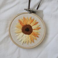 close up intricate stitching of a sunflower in various shades of yellow