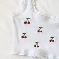 A close up of hand embroidered cherries on a white top