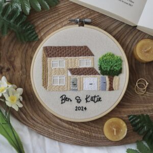 a 6 inch hoop hand embroidered with the front of a custom house with the names 'Ben & Katie' and the year '2024'