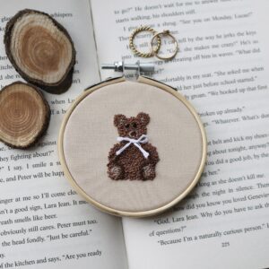 A hand embroidered teddy bear wall hanging decoration