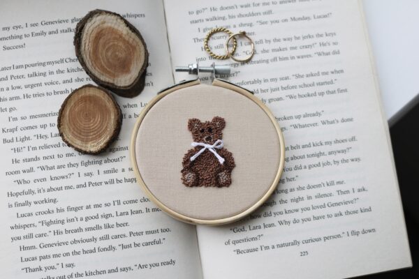 A hand embroidered teddy bear wall hanging decoration