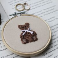 Close up of a hand embroidered teddy bear decoration