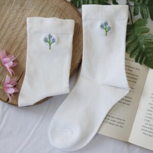 White cotton socks hand embroidered with beautiful floral forget me not flowers