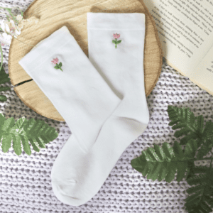 White cotton socks hand embroidered with pink tulips