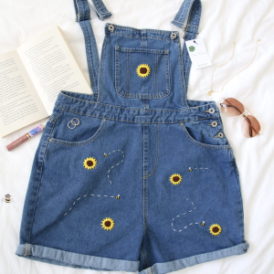 Blue dungaree shorts/overalls hand embroidered with sunflowers and bees
