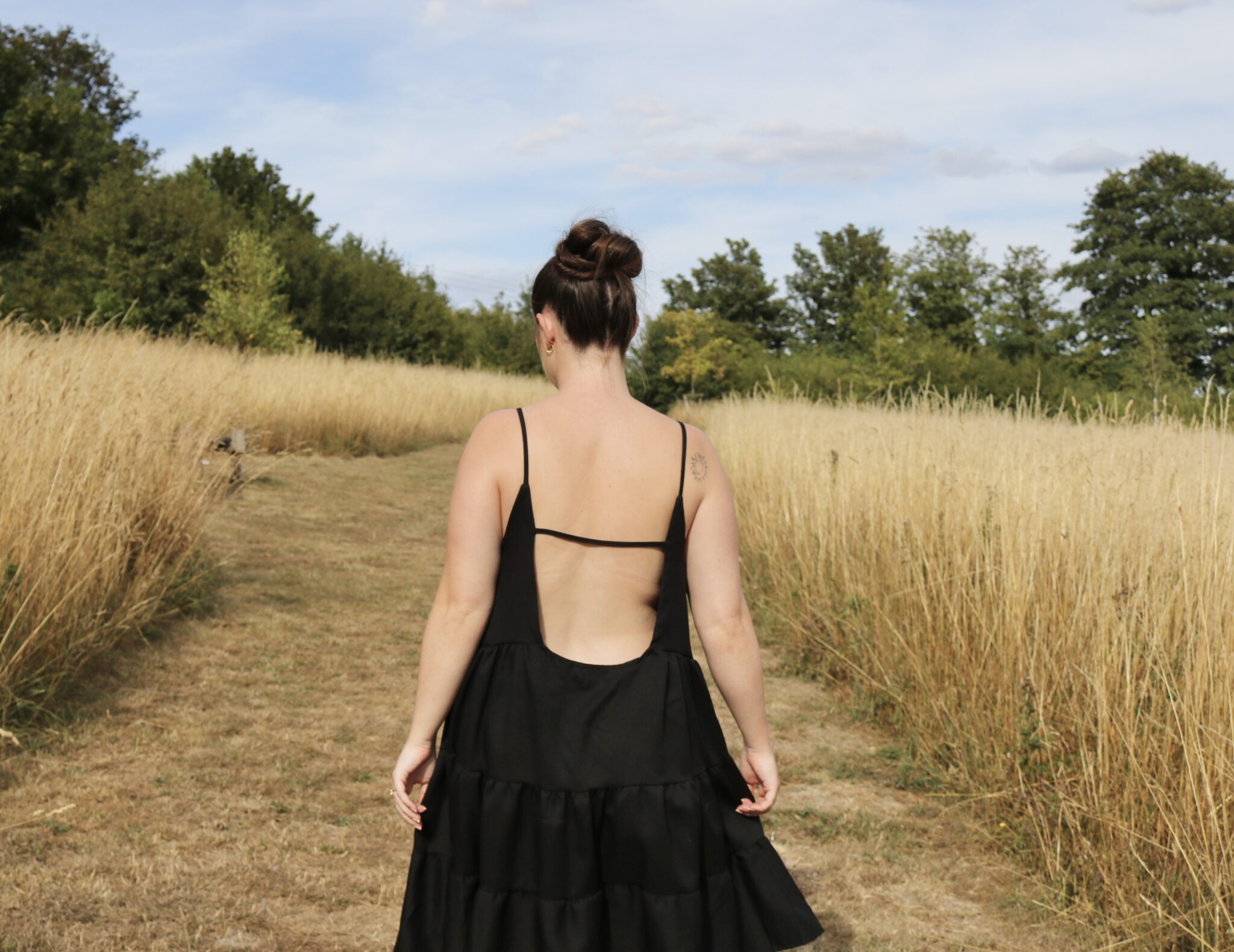 The back of a black swing dress with a low back