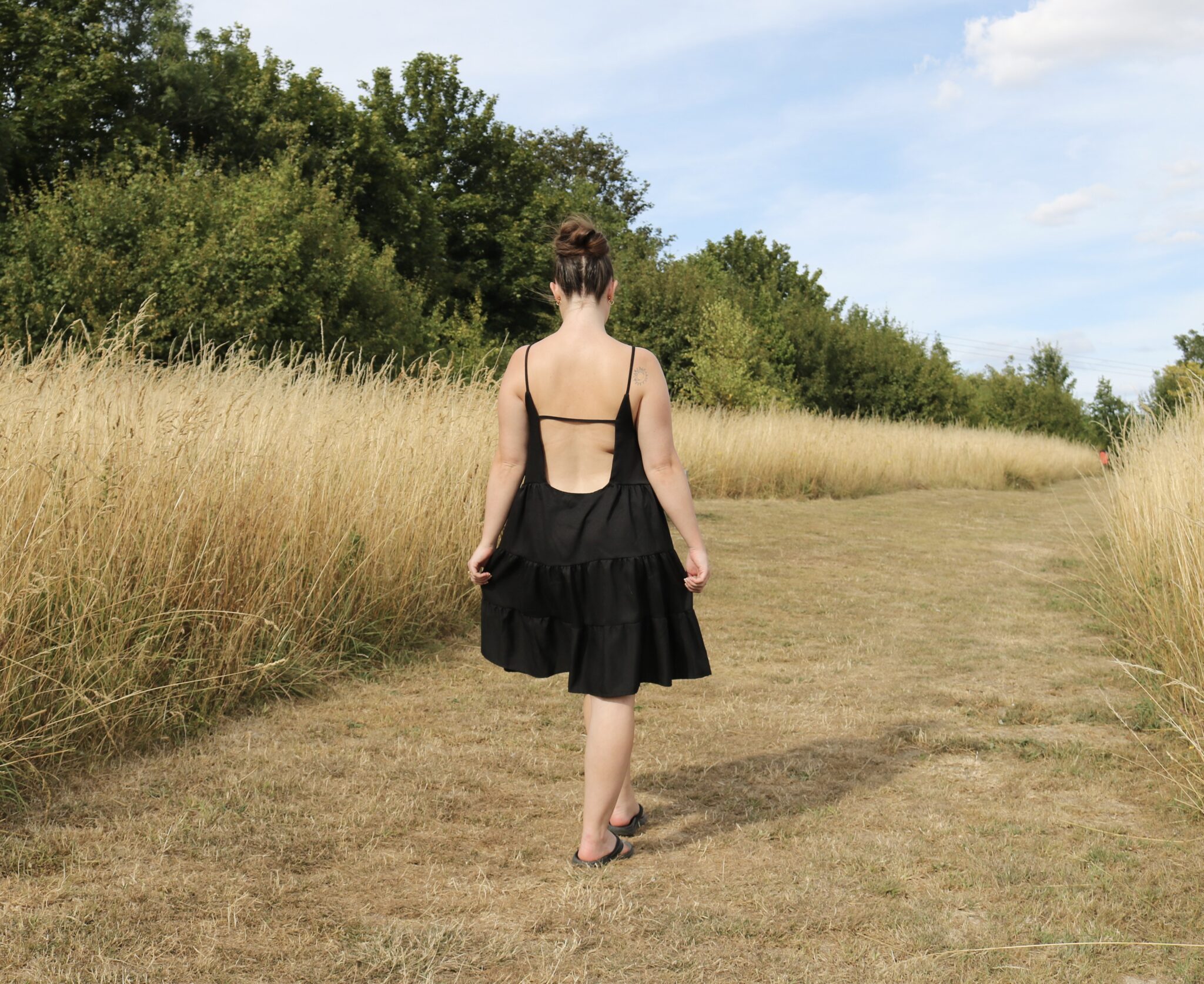 The back of a black swing dress with a low back